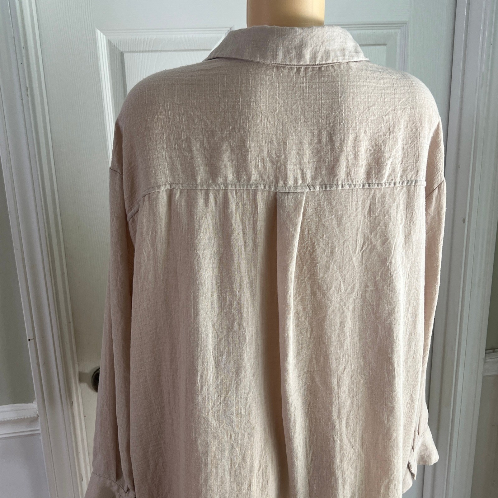 Oversized Button Down Shirt Sz L Women Beige Textured Cotton Tunic Coastal
