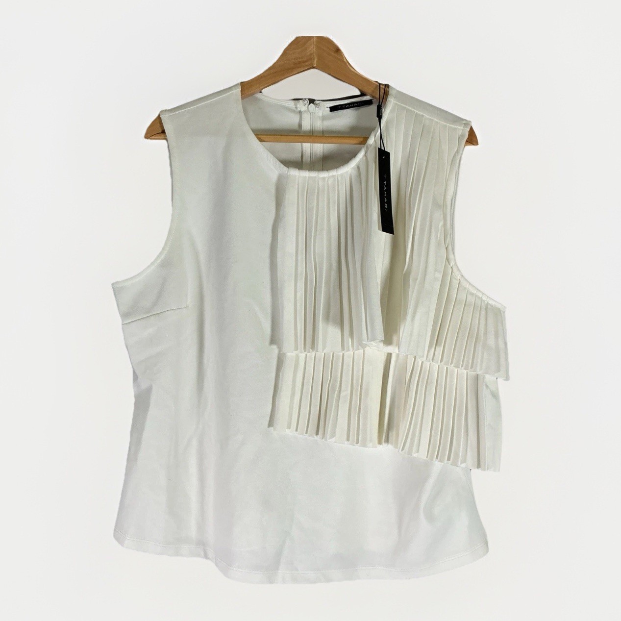 T Tahari Women White Sleeveless Tiered Pleated Paste Front Zip Back Blouse Xl