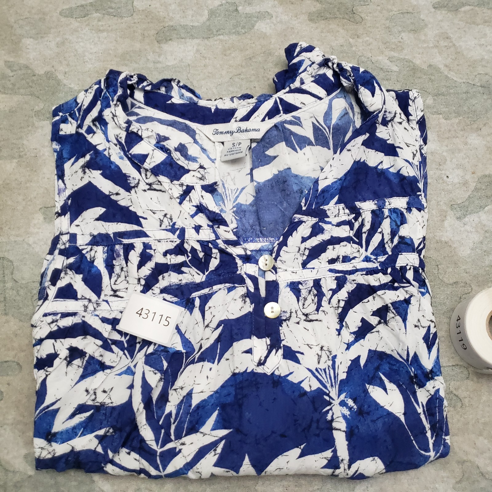 Tommy Bahama Top Tunic Womens Small Blue Sleeveless Leaves Hawaiian Beach