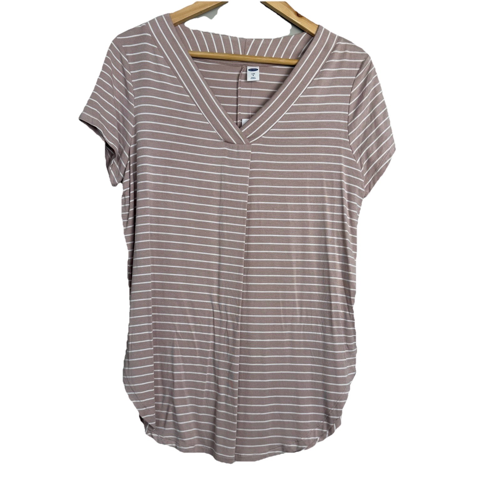 Old Navy Women’s Pink/white Striped Shirt SZ-Small 95% RAYON/VISCOSE,5%Spandex