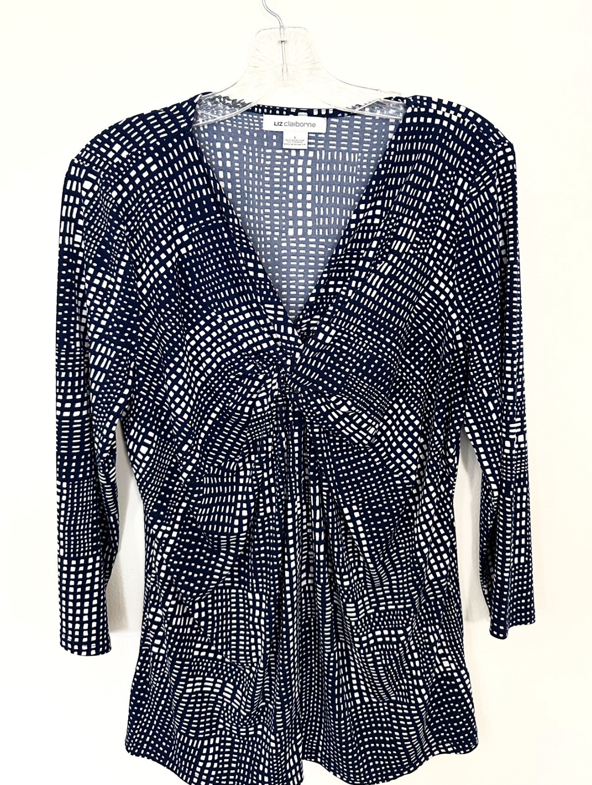 Women Navy Blue V Neck Twist Front 3/4 Sleeve Top Size L Pullover Stretch Office