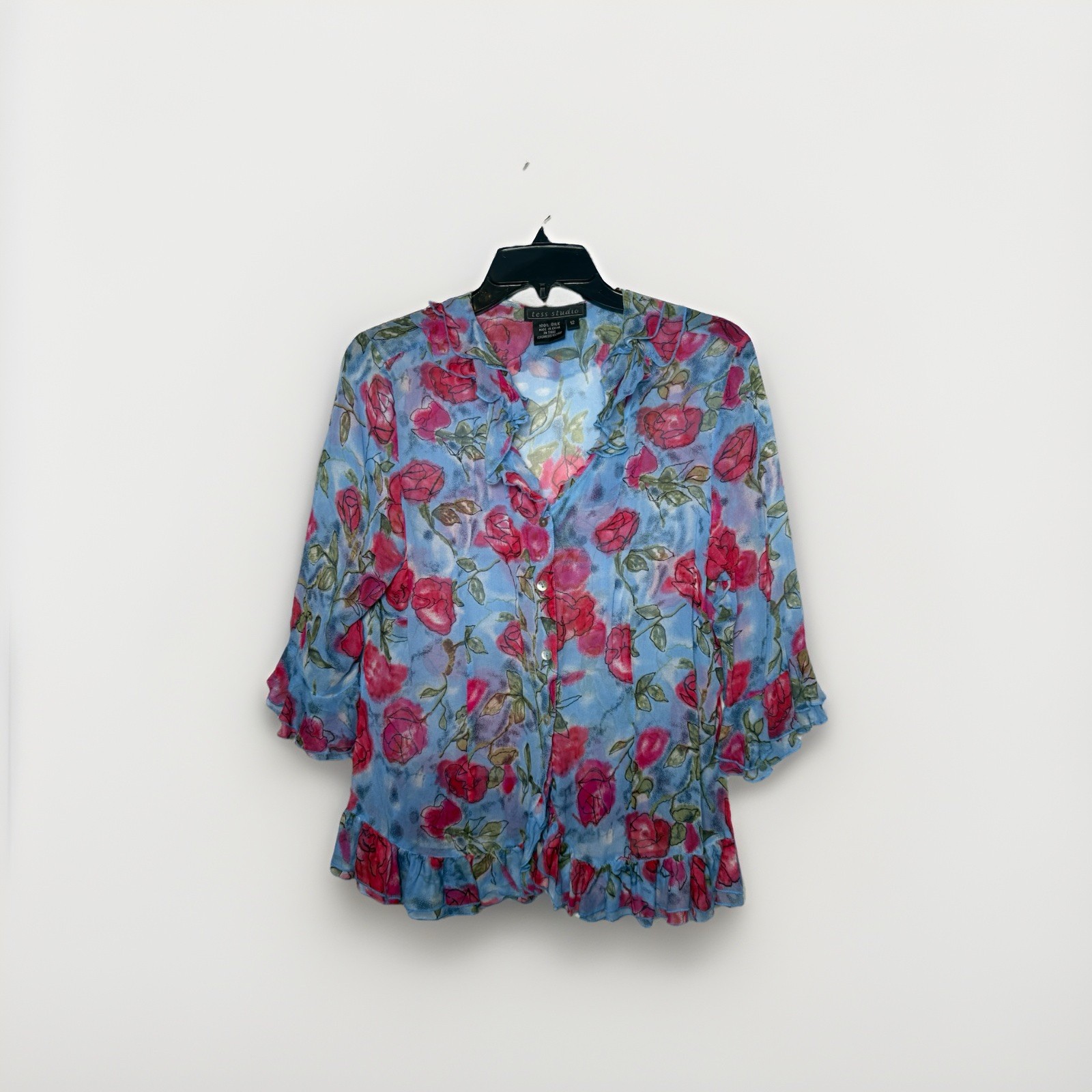 Vtg 90 Y2K Tess 100% Silk Floral Ruffle Sheer Top M Romantic Dainty Coquette