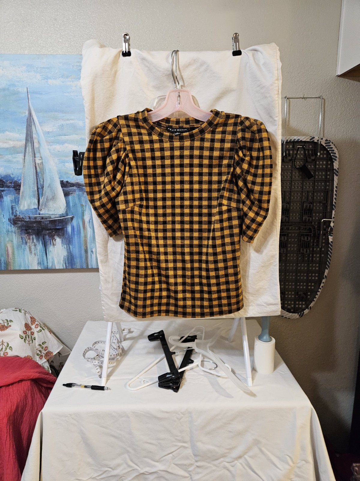 Haute Monde Yellow/Black Check Puff Sleeve Stretch Pullover Blouse Women S