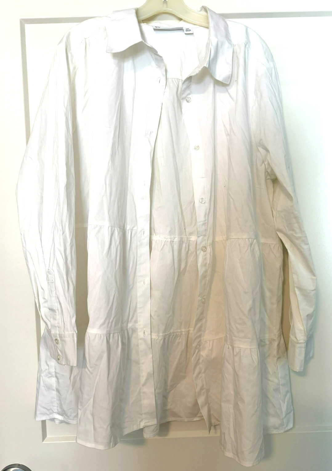 NY & CO White Lg Sleeve Three TIERED MINI DRESS Top Tunic Blouse Button Down XXL