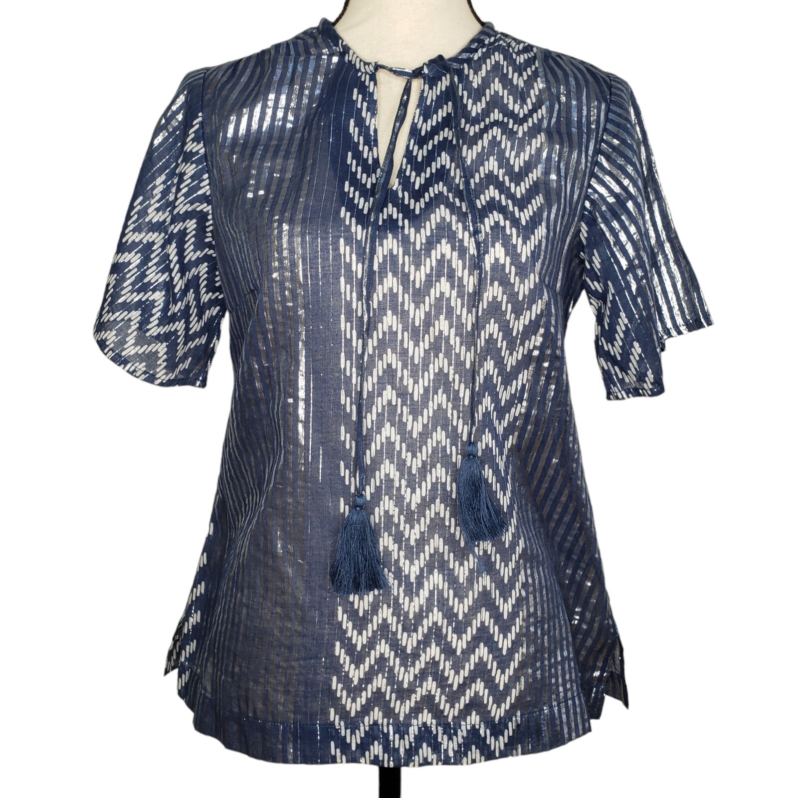 Soft Surroundings Brilliar Top XS NWT S/S Blue Silver Stripe Tassel Keyhole