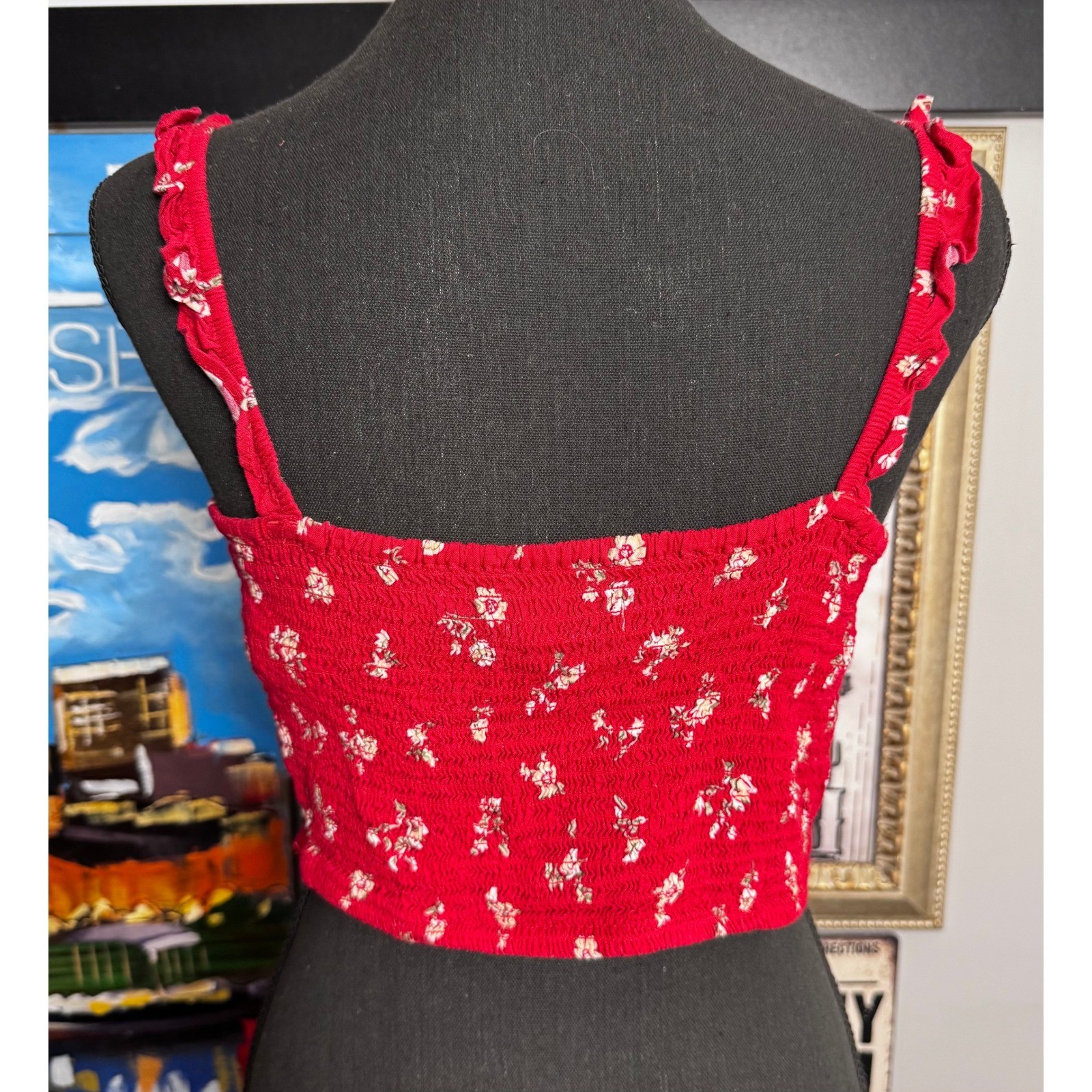 Cottagecore Red Floral Coquette Smocked Back Y2K Ruffle Strap Crop Top Large