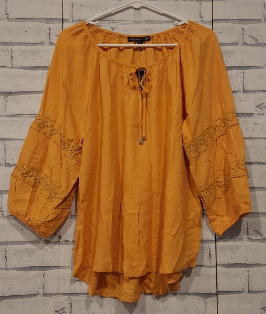 Adrienne Vittadini Womens Size M Blouse Gold Orange Boho Style Elastic Brand New