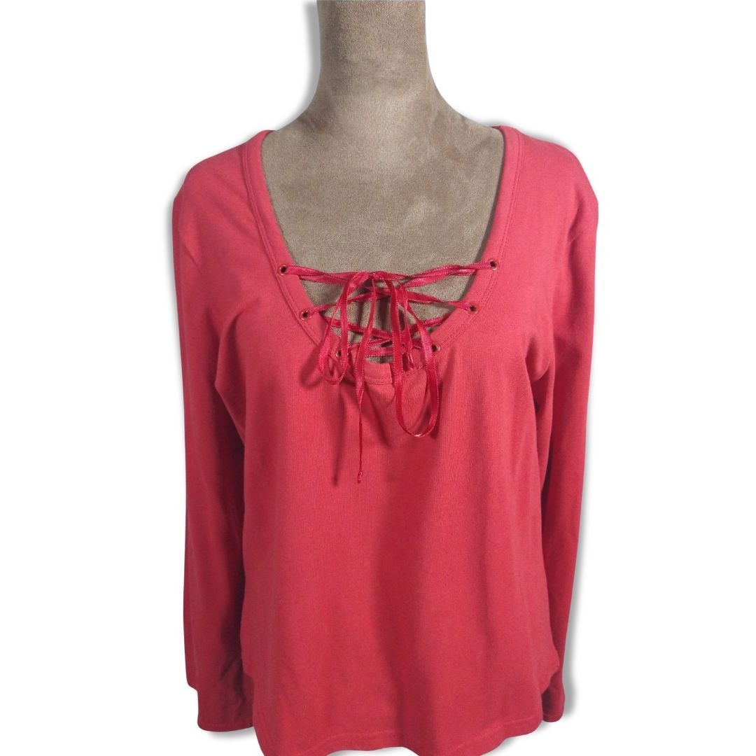 Mixit Red Lace-Up Long Sleeve Top XL Made in USA Cotton Spandex