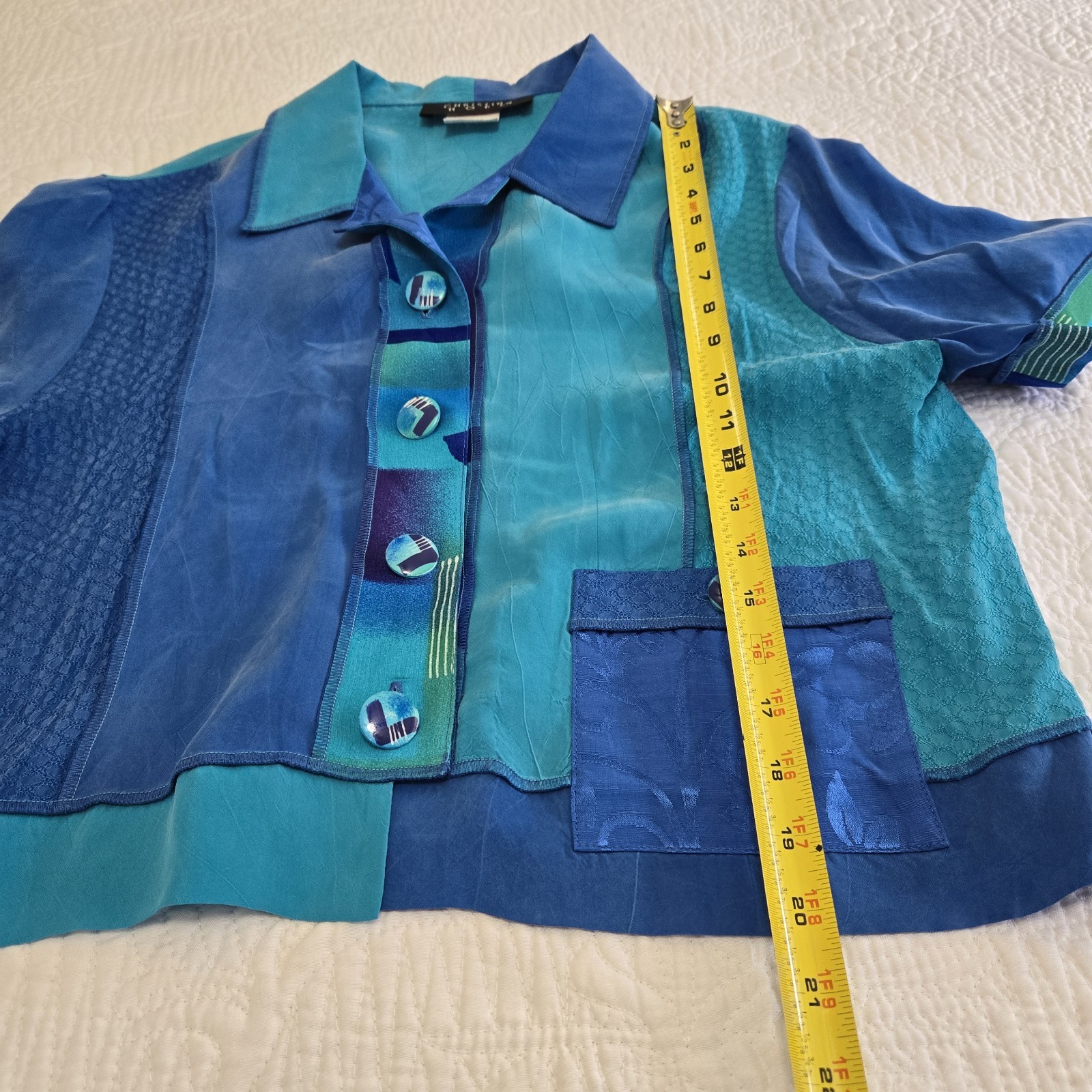 Vtg Christina Hope Mixed Media Button Up Exposed Hem Patchwork Artstly Aqua Blue