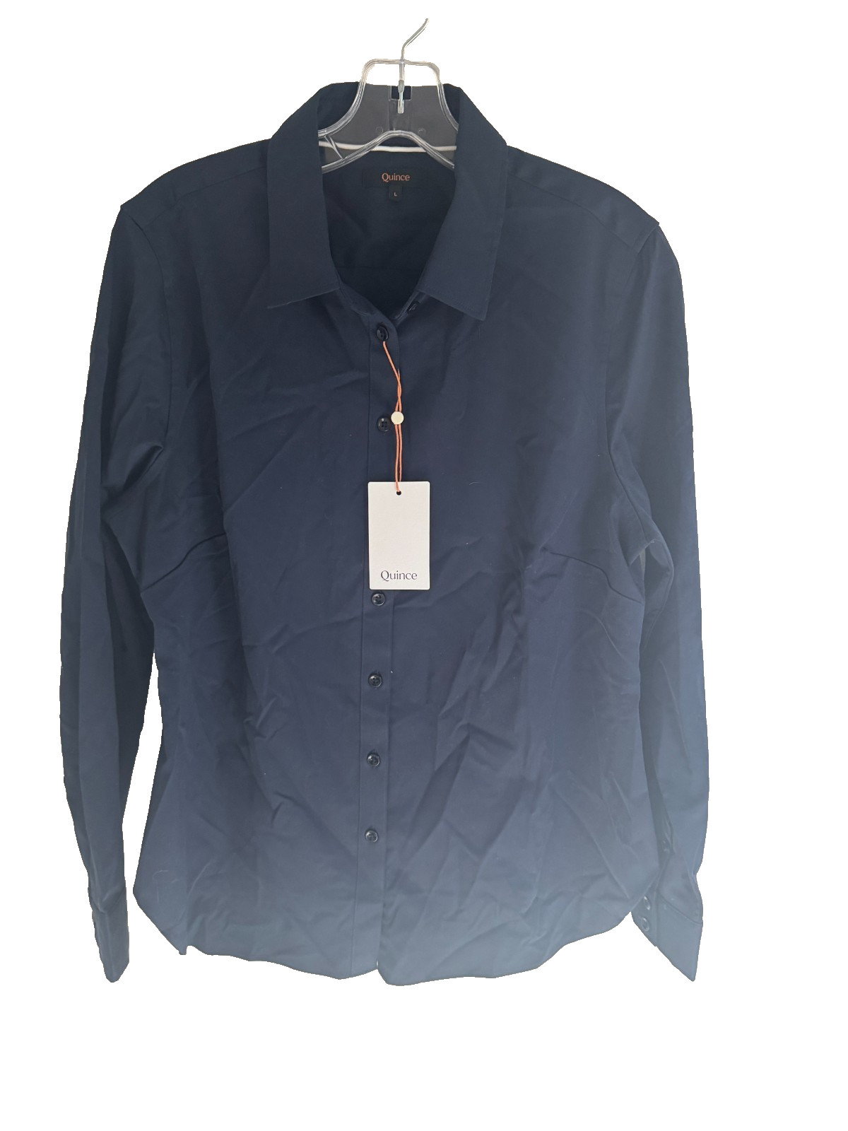 Quince NWT Organic Stretch Cotton Tailored Shirt Women’s L Navy Blue Minimalist