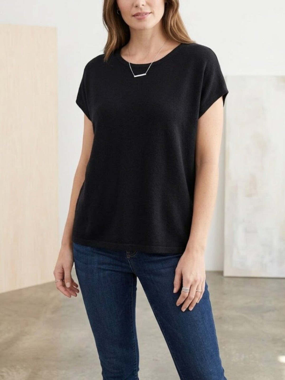 Susan Graver Black Modern Essential Knit Top Career Casual Short Sleeve