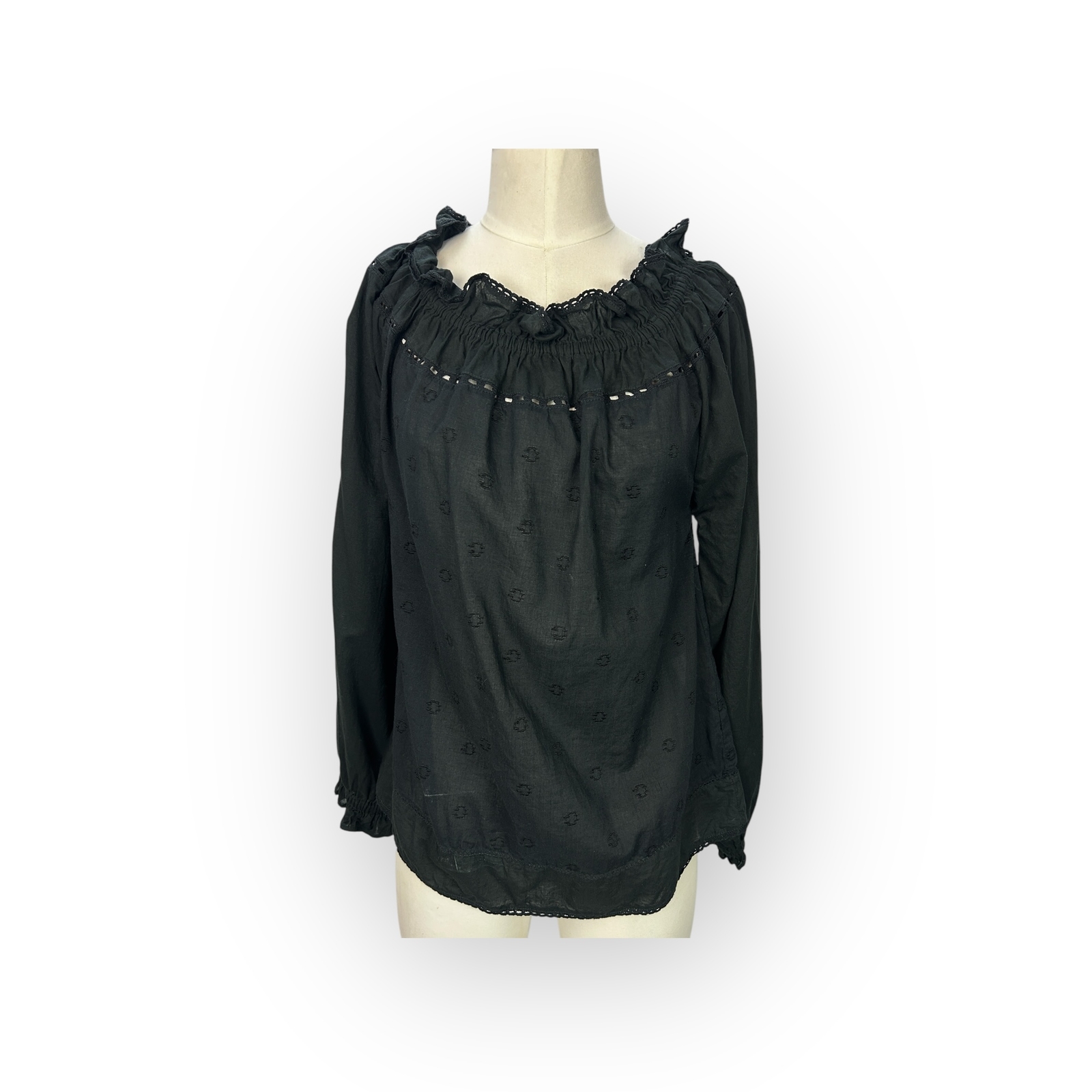 By Malene Birger Black Eyelet Ruffle Neck Top 34 XS US