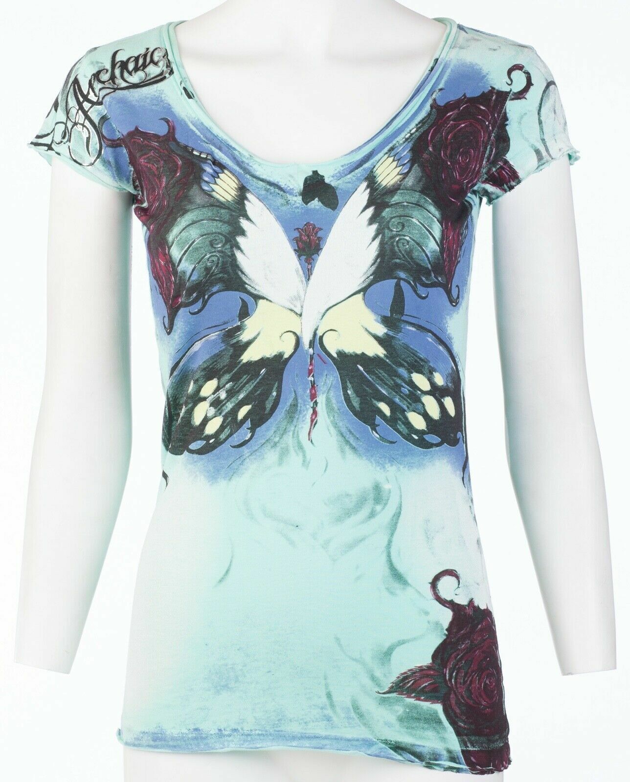 ARCHAIC by AFFLICTION Butterfly Long Goodbye Slim Fit Womens V-neck T-shirt S-XL