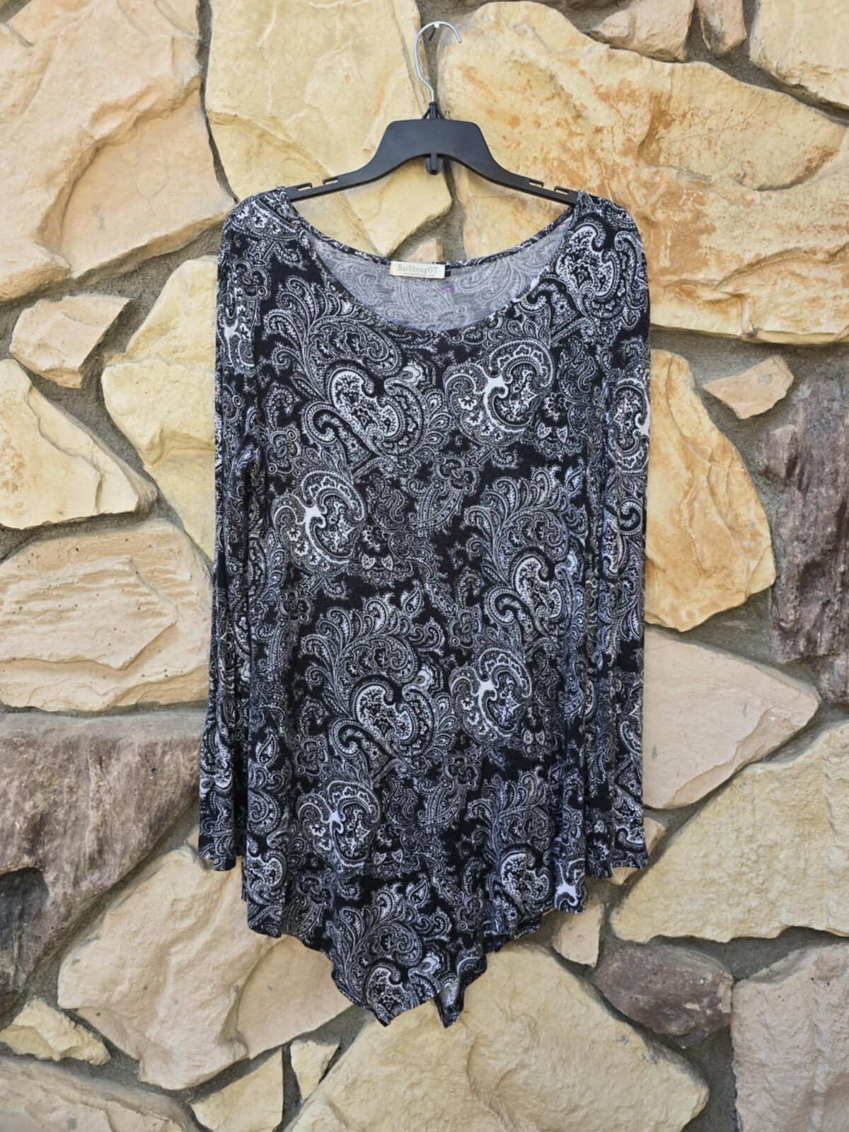 BaiShengGT Abstract Artsy Black White Paisley Tunic Long Sleeve Rayon Career