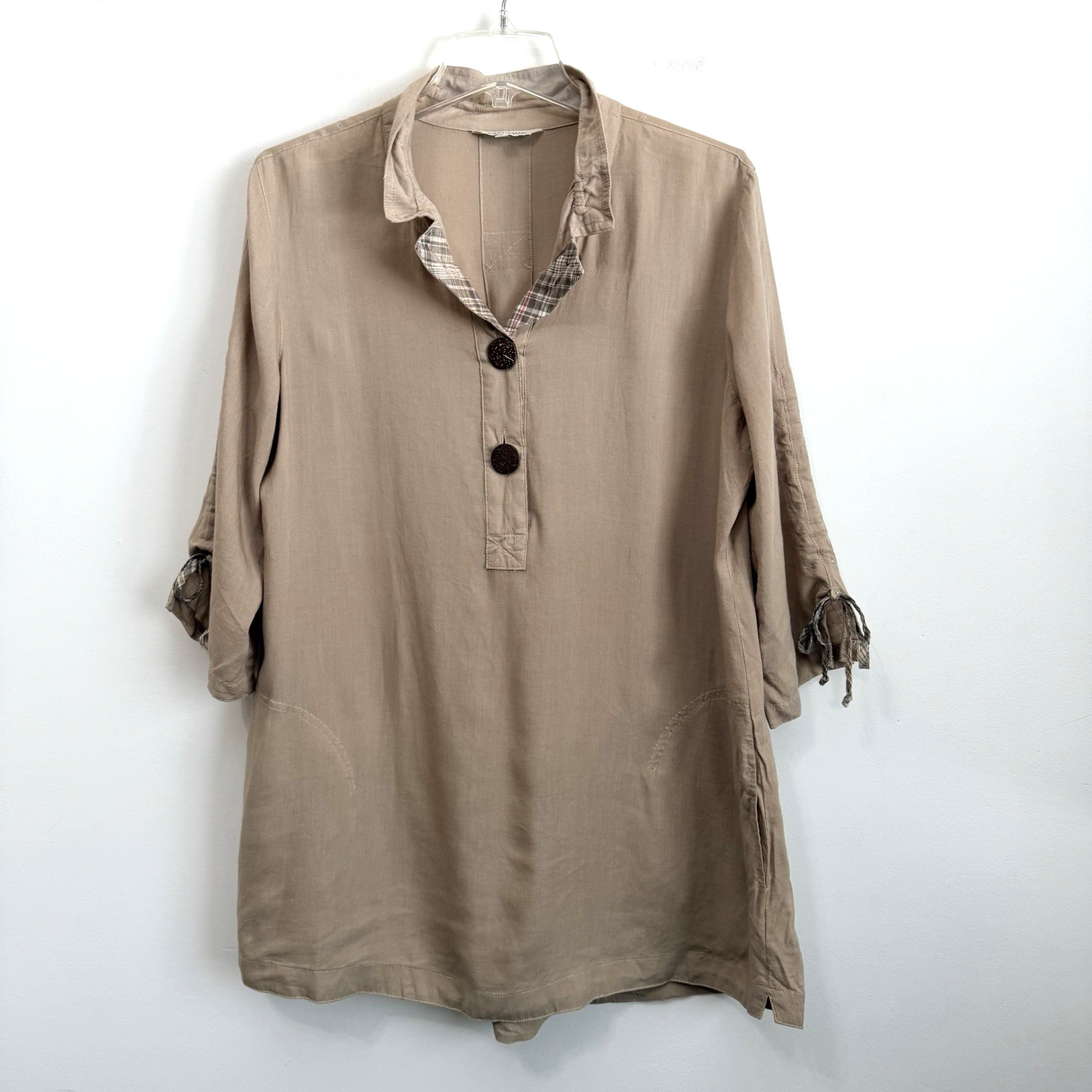 John Mark Tunic Top M Linen Blend Ruched Sleeve Half Button Wire Stand Collar