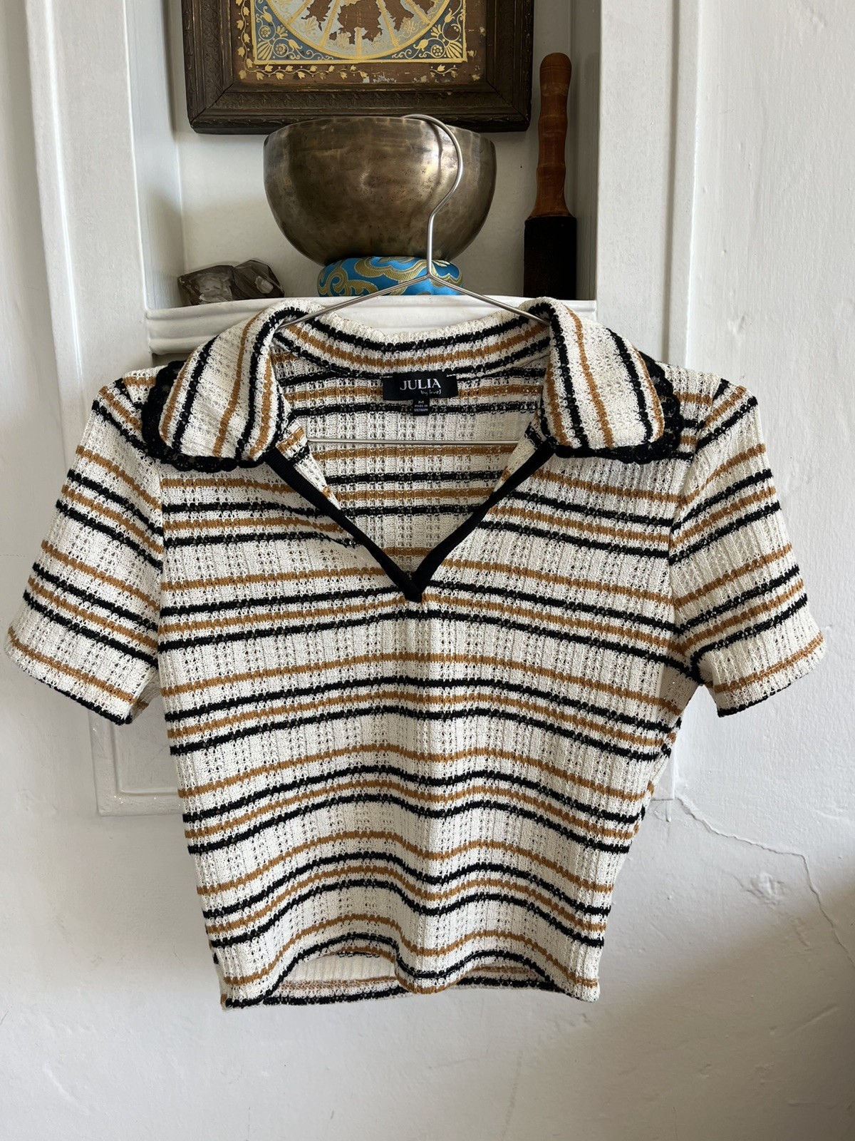 Julia By Love J Striped Crochet Knit Cropped Polo Top Size M