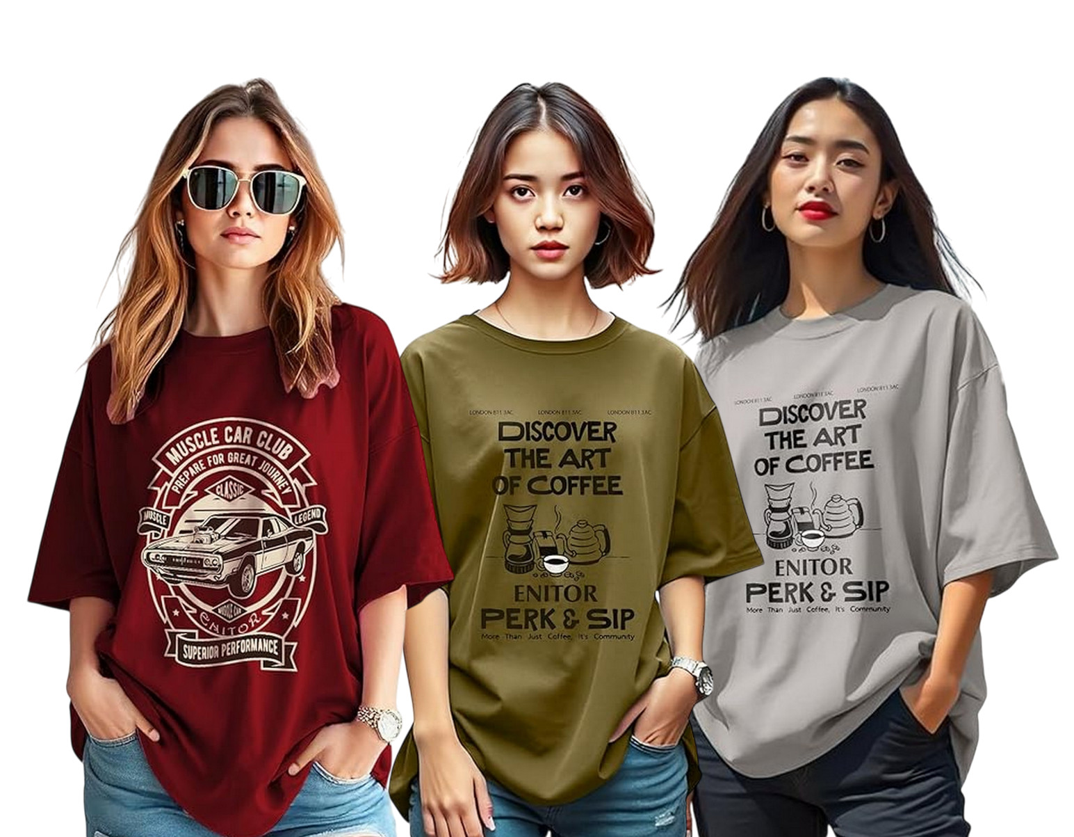 Women’s Oversized Graphic T Shirt Cotton Blend Crew Neck Casual Wear (Pack Of 3)