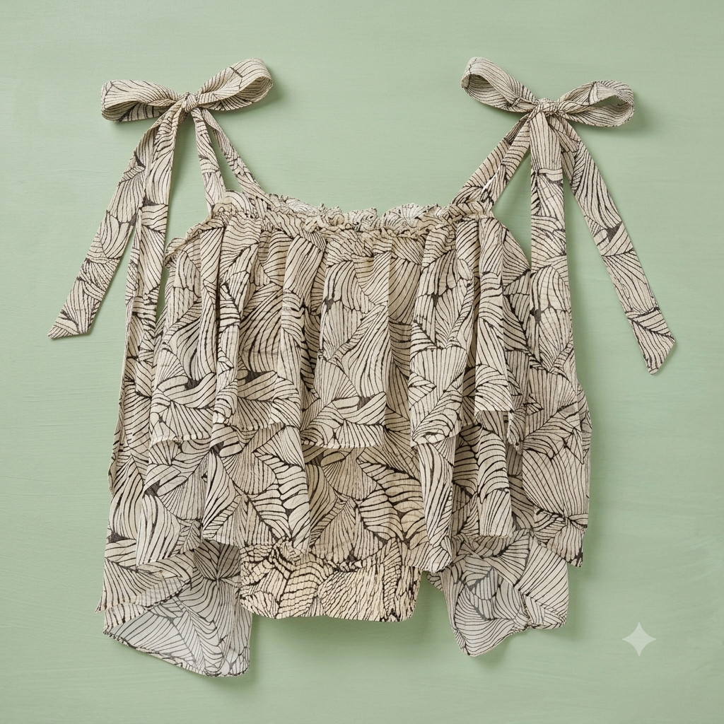 Lena Women Leaf Print Tiered Ruffle Tie Shoulder Smocked Camisole Top Romantic
