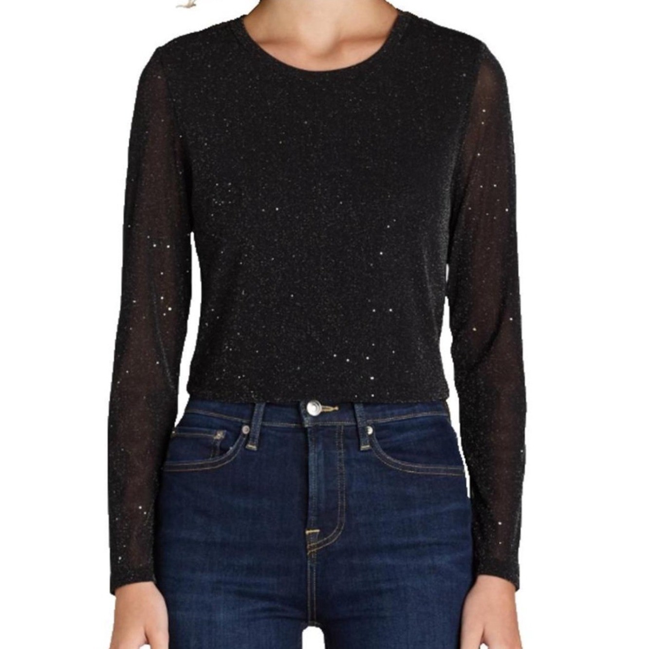Steve Madden NYC Sparkly Semi Sheer Long Sleeve Top Black Small S