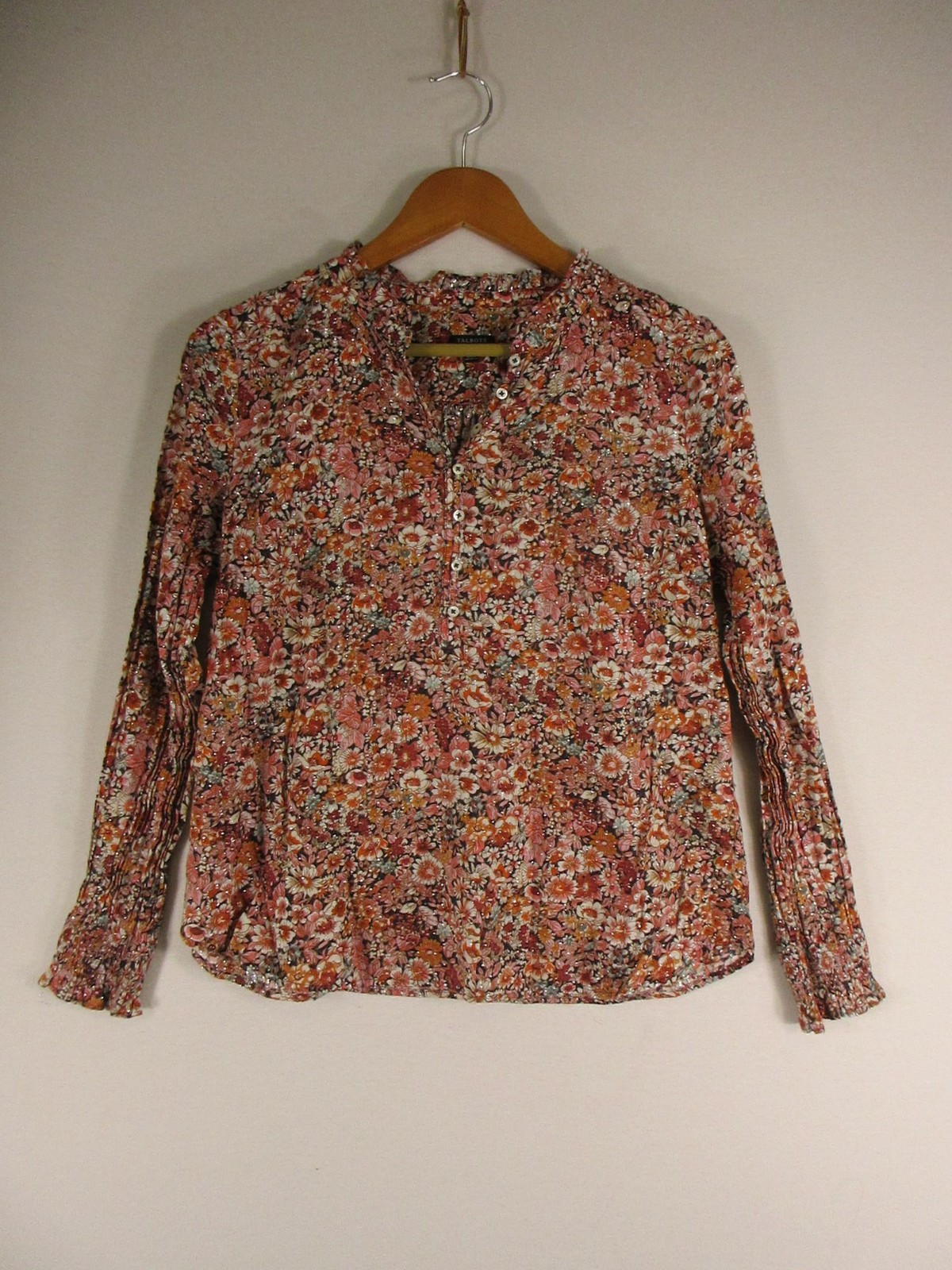 Talbots Blouse Womens LP Petite Floral Metallic Accent Long Sleeve Smocked