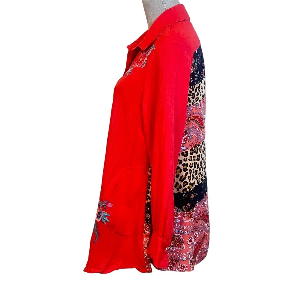 Boho Western Floral Patchwork Shirt S Red Embroidered Animal Print Festival