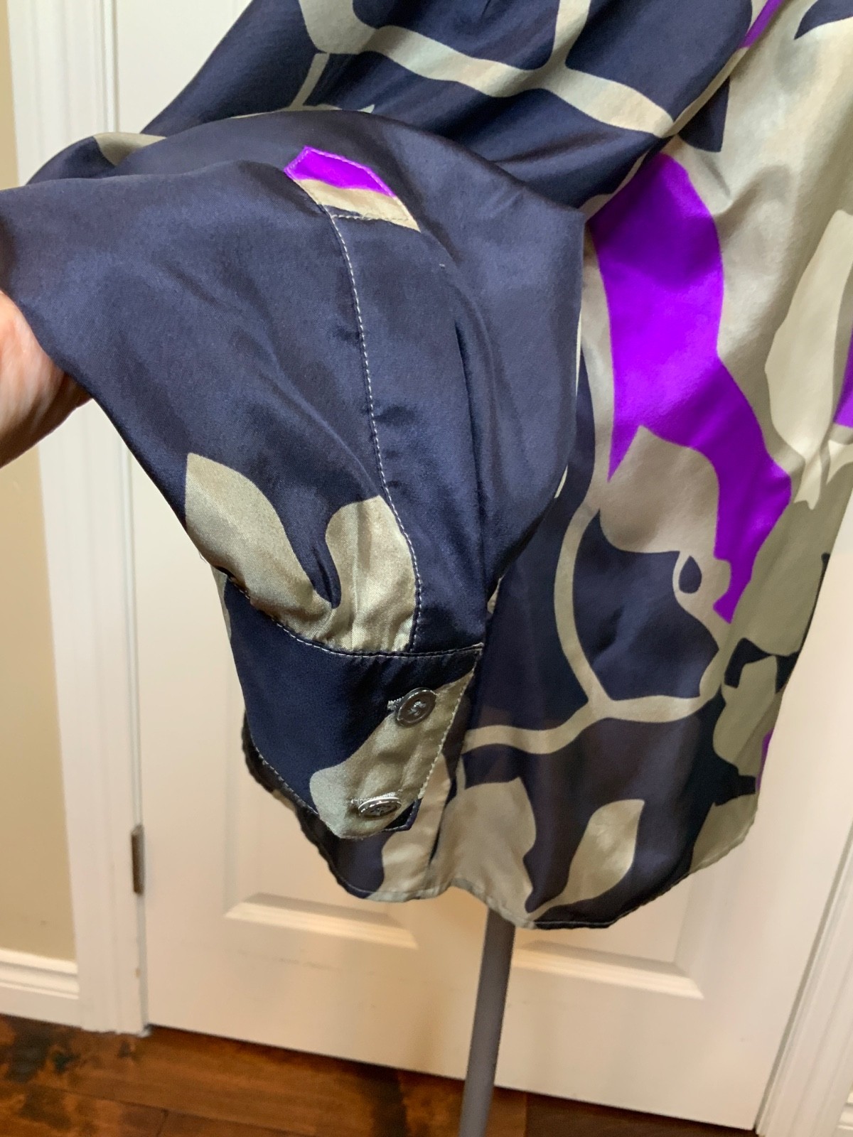 Theory Gray Blue Purple Geometric Silk Blouse, Size 4