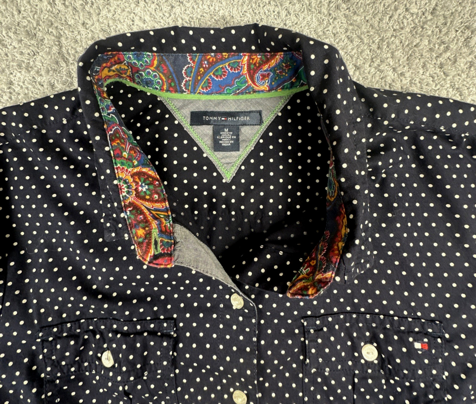 Tommy Hilfiger Women’s Polka Dot Shirt M Navy & White Top Long Sleeve Flip Cuff