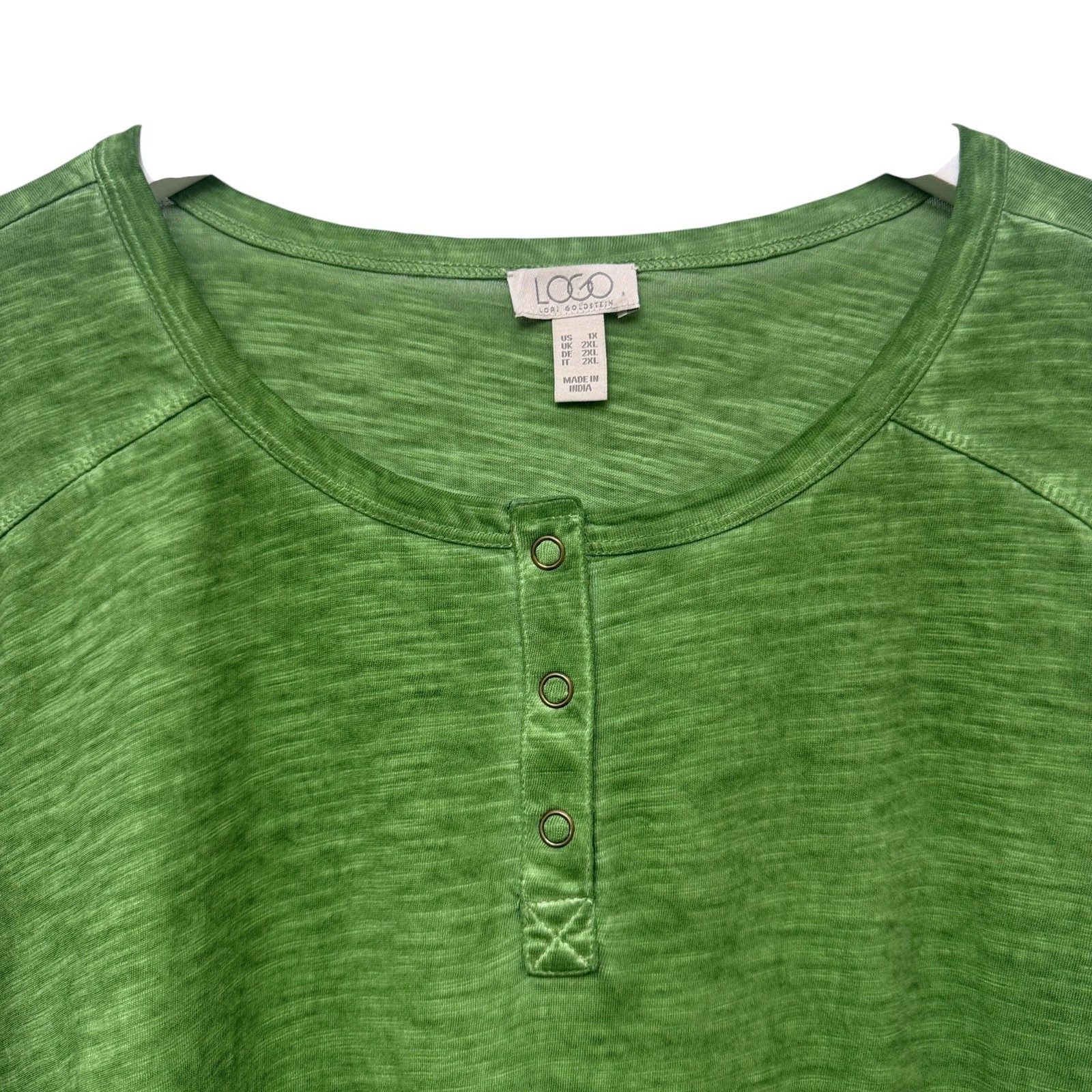 LOGO Lori Goldstein Green Tunic Tee Plus Size 1X Snap Henley Boho Top NWOT