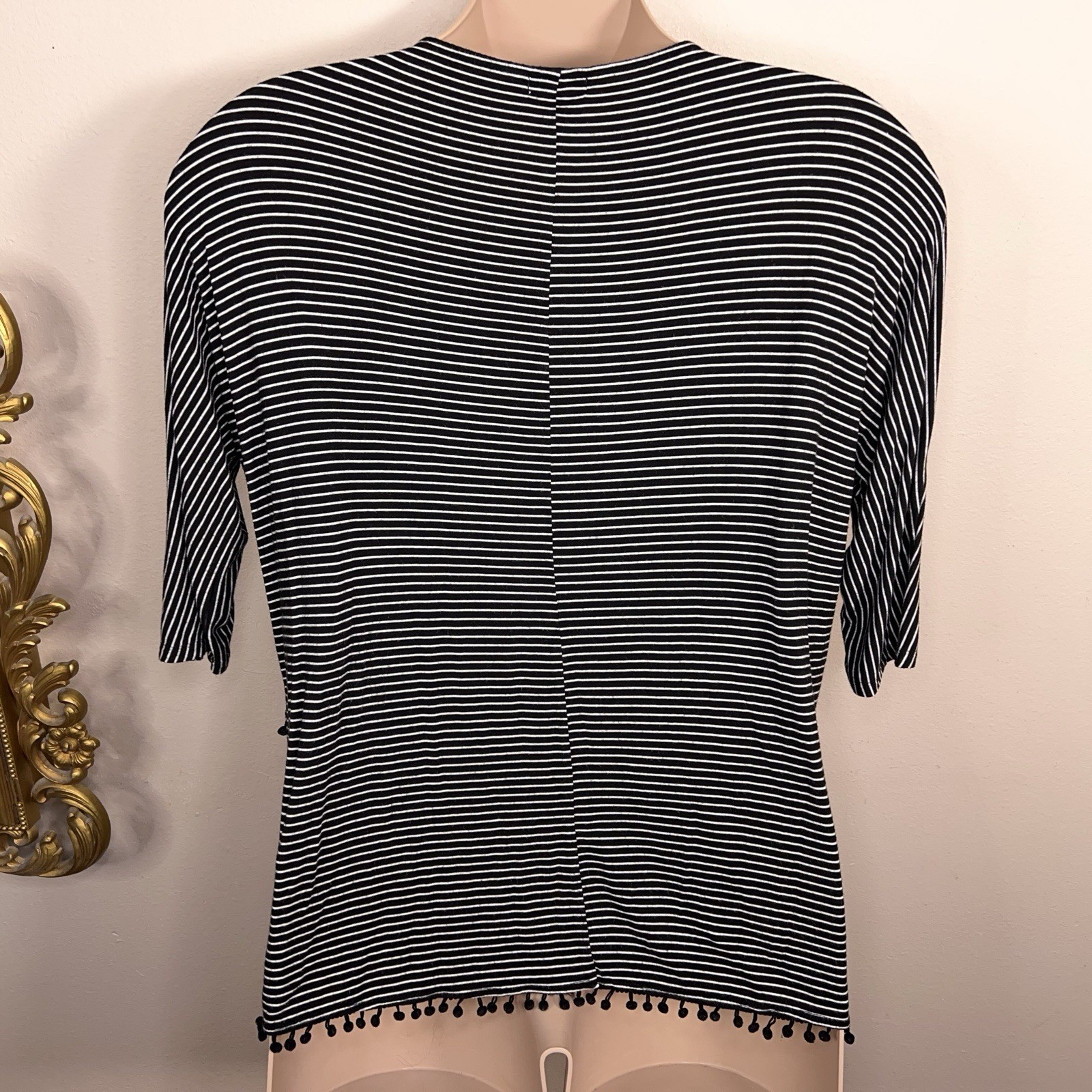 1x Isela Black White Striped Top Pom Pom Accent Goth Preppy Stretch Casual