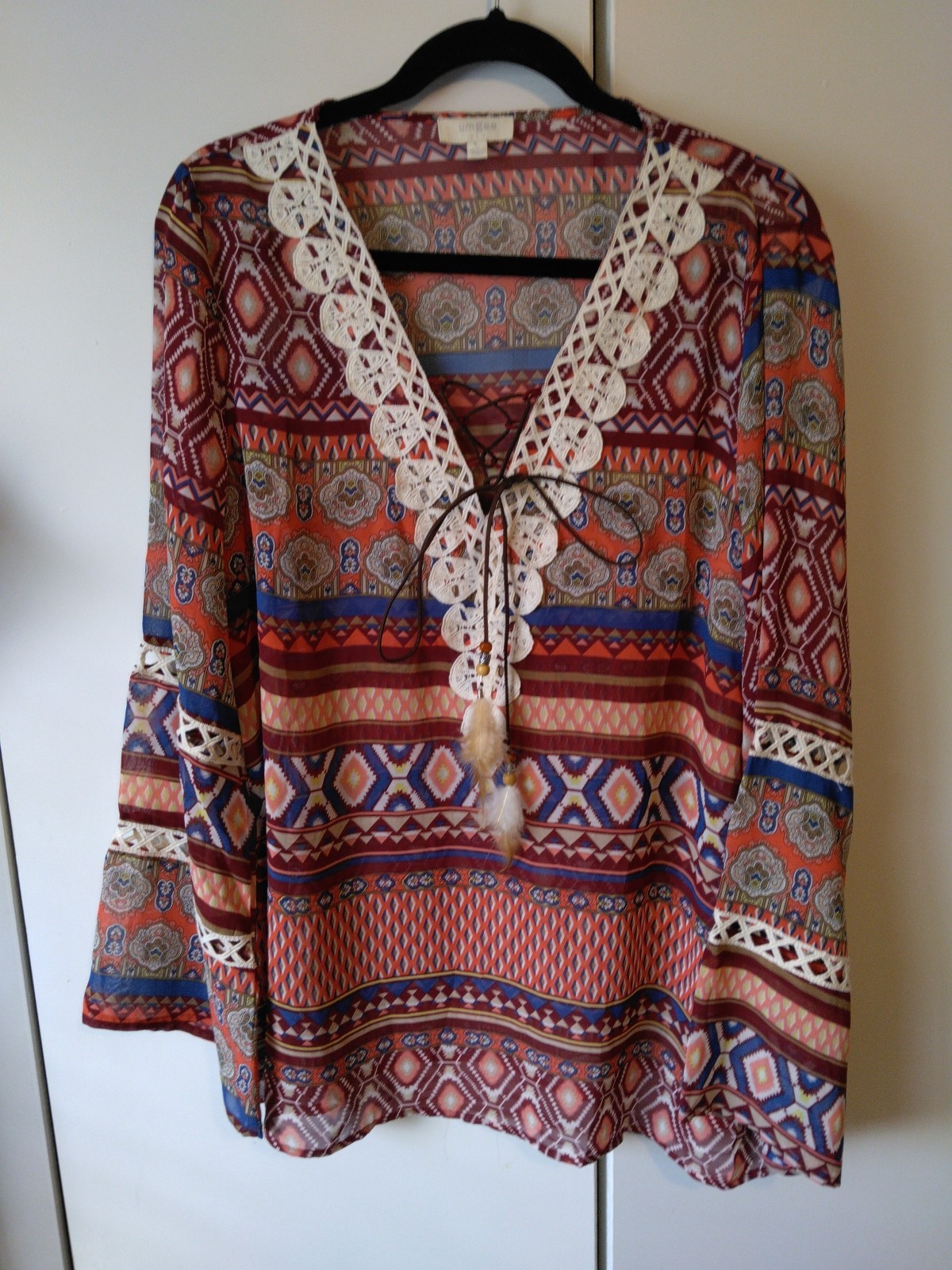 Women’s Crochet Trim Lace Up Tassled Tunic Top Size L Semi Sheer Boho Festival