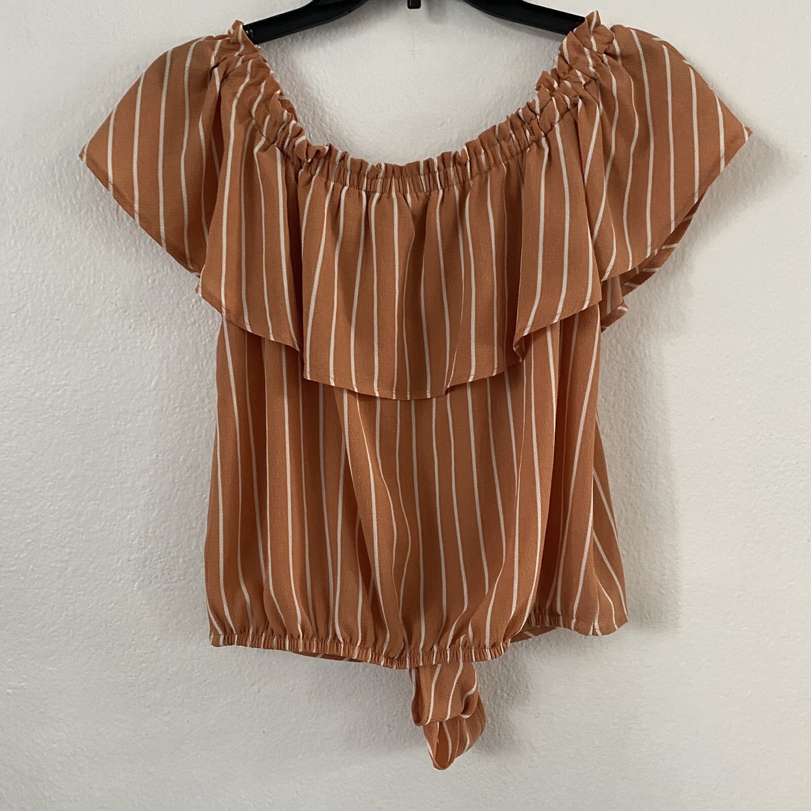 Active USA M Size Off Shoulder Short Blouse Top Tie Waist Striped Mocha Pullover