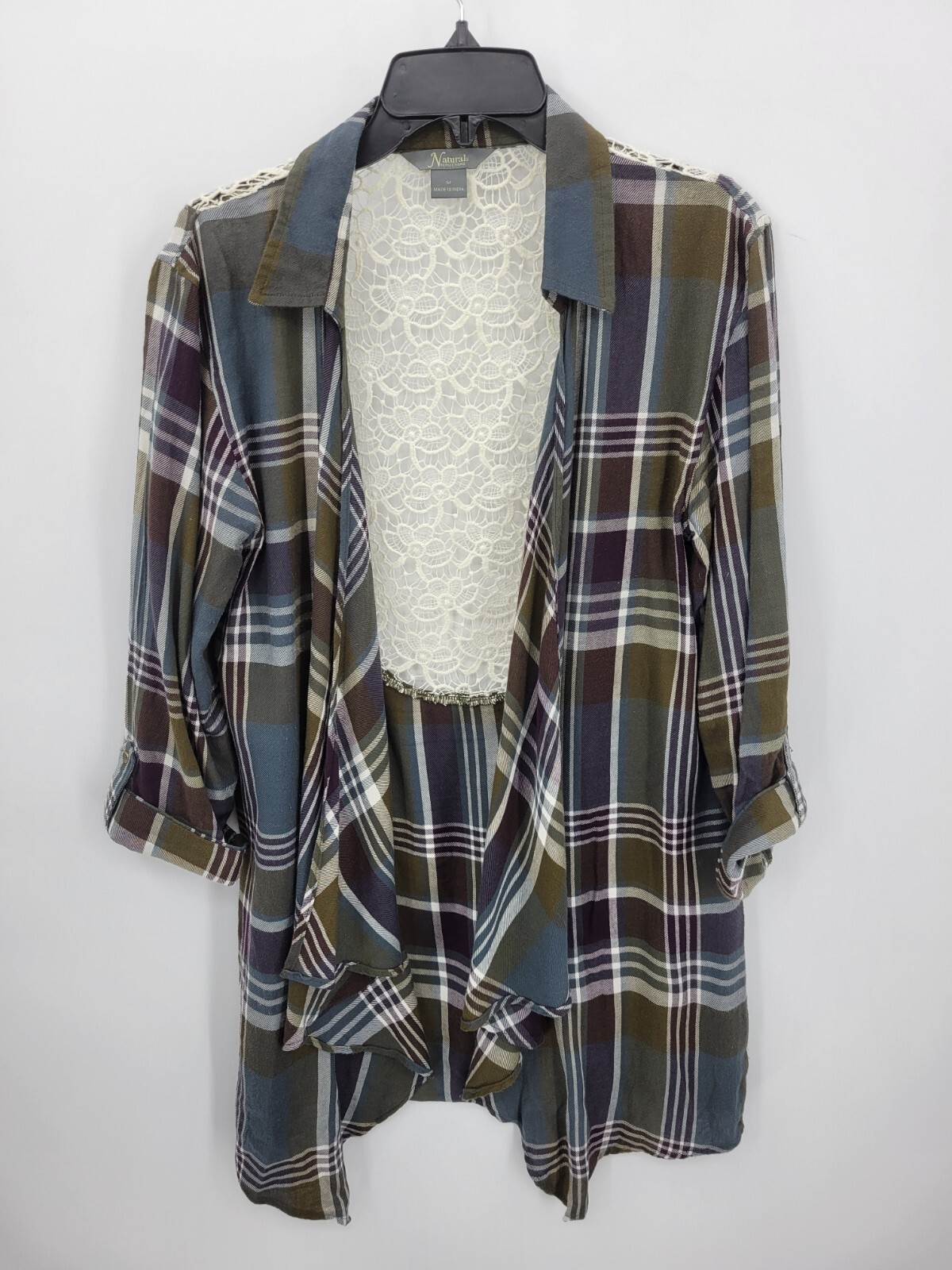 Natural Reflections Top Womens Medium Plaid Open Front Lace Insert Boho Festival