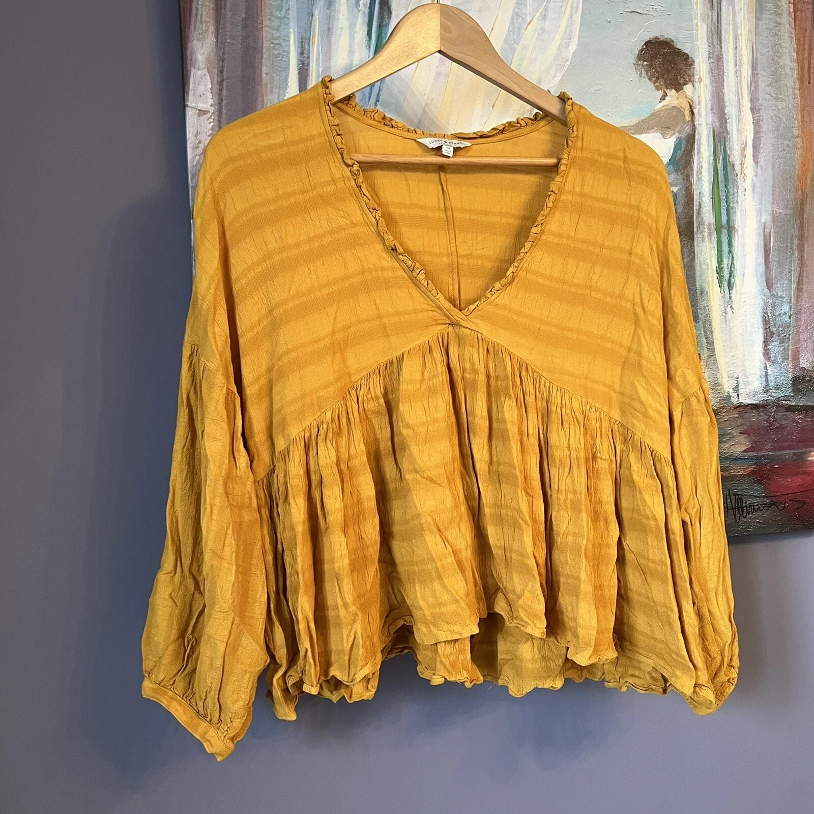 Lucky Brand Mustard Gold Ruffle V-Neck Loose Fit Top Shirt Women’s M