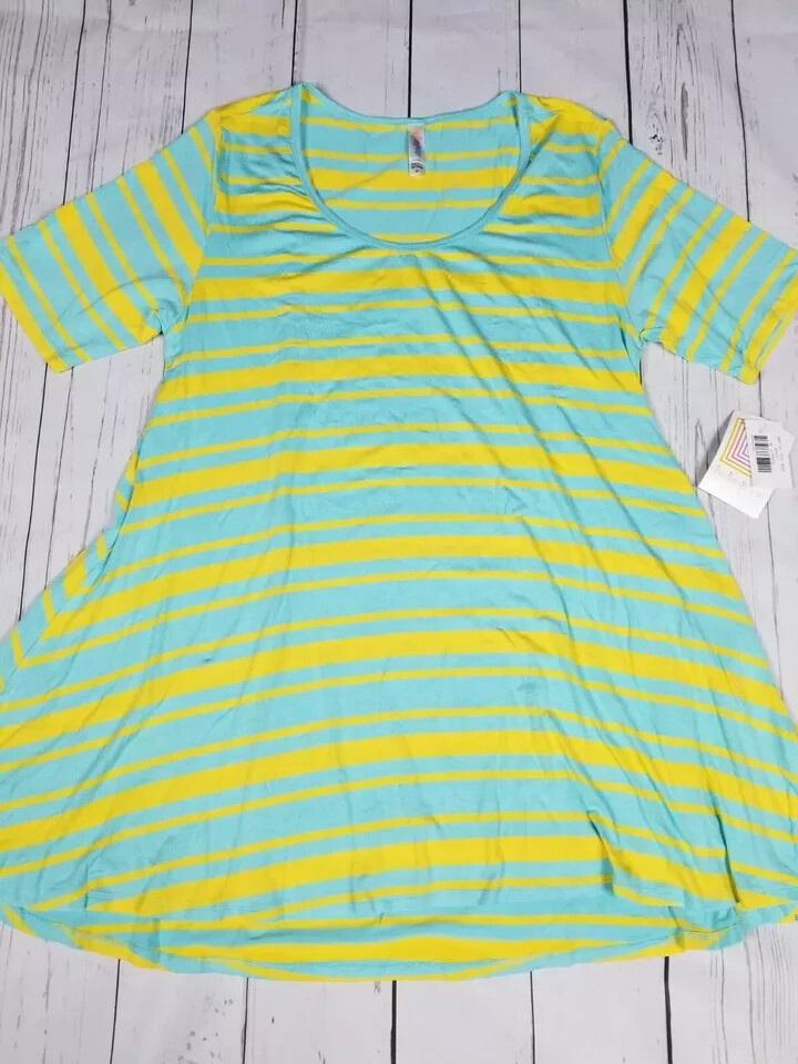 LuLaRoe Perfect T Shirt/Top, Size Medium (NWT Blue Yellow Geometric Striped)
