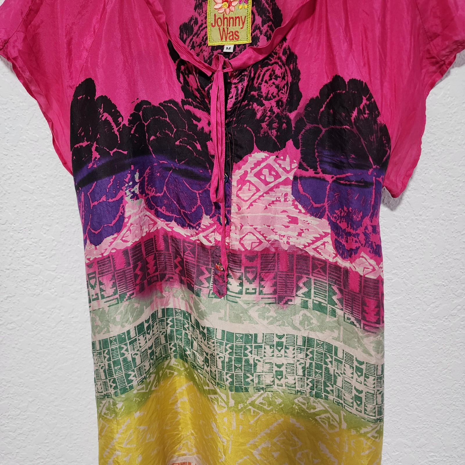 Johnny Was Blouse Short Sleeve Boxy Fit Vibrant Colors 100% Silk Medium Festival