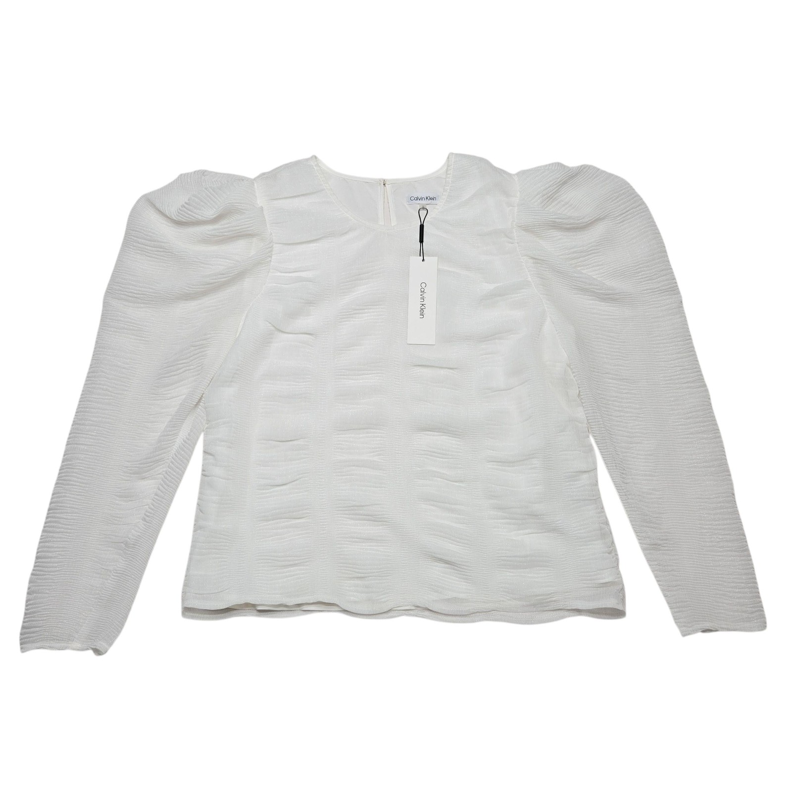 Calvin Klein Top Womens Medium White Puff Sleeve Sheer Lined Peasant Blouse