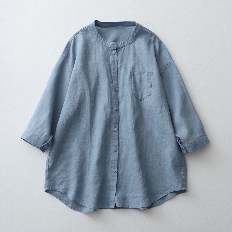 Linen Shirt Stand-up Collar, Seven-quarter Sleeves White Loose, Sunscreen Cotton