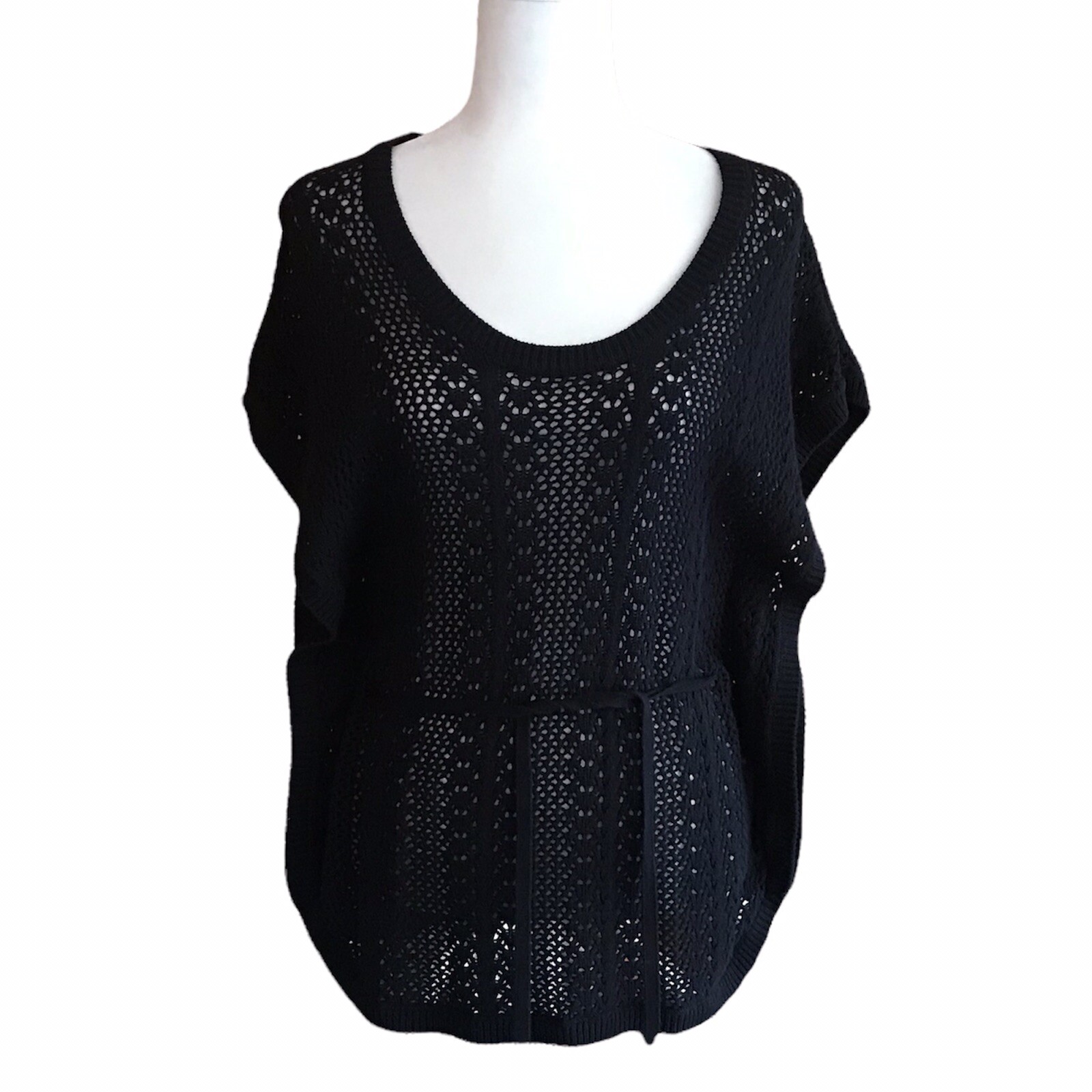 Sonoma Life Style Women’s Small Loose Knit Boho Top Crochet Black Tunic Belted