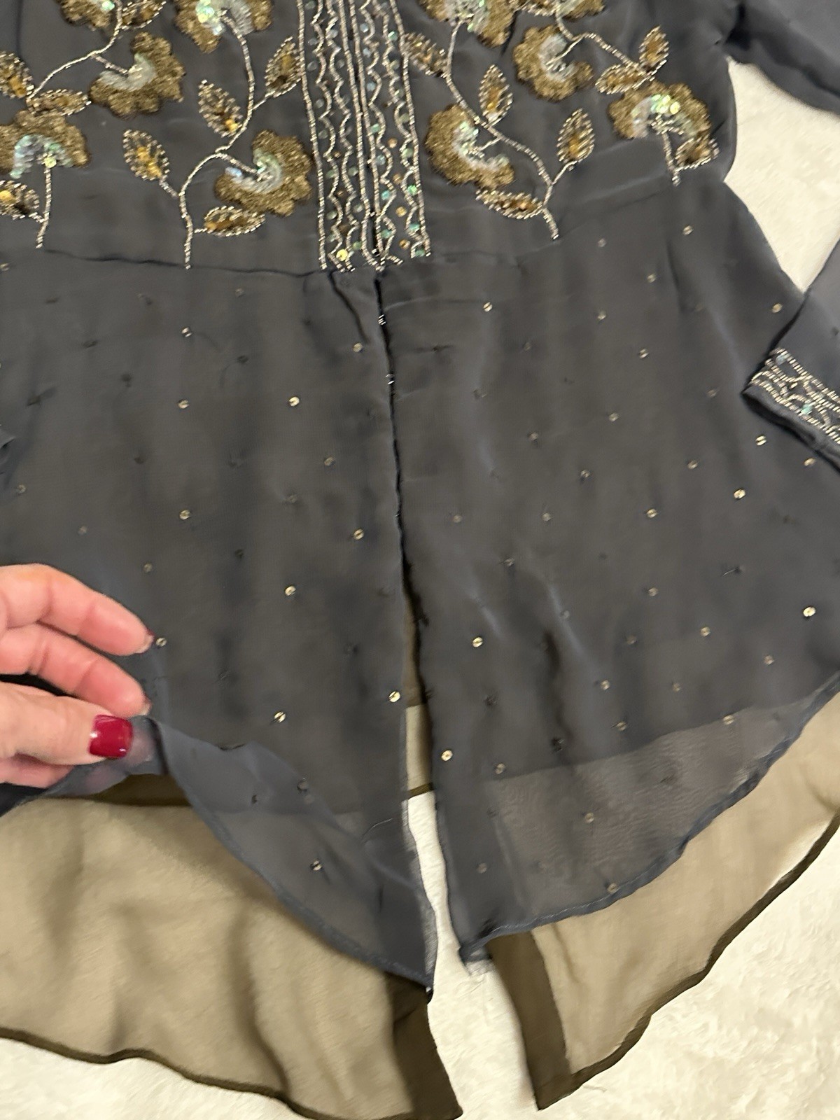 Soft Surroundings Gray Chiffon S Blouse Sequins Dark Fairy Core Whimsigoth