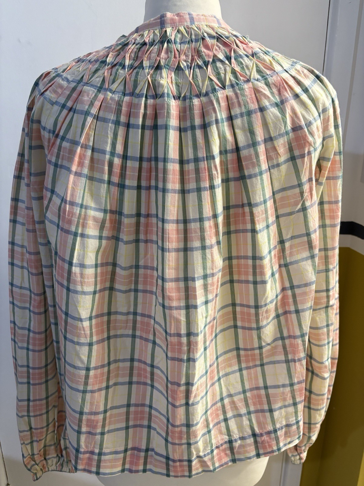 Boden UK 10 Smocking Detail Blouse multi-color checked 100% Cotton