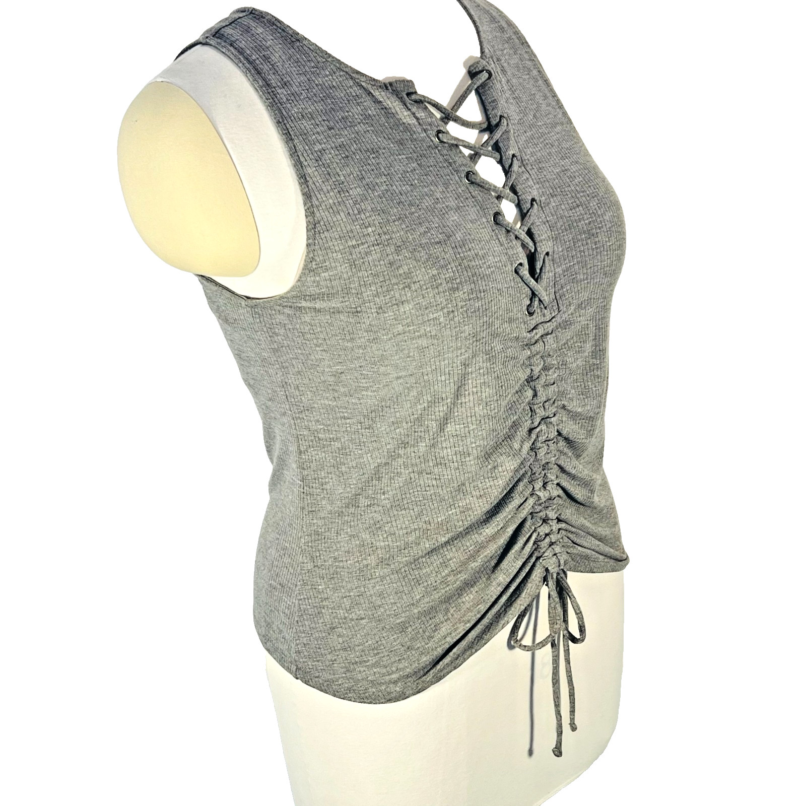 Torrid Tank Top Blouse Womens 2X (2) Gray Ribbed Lace Front Ruched Gathered Hem