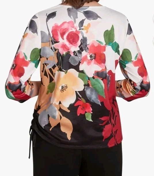 Alfred Dunner Womans Top/ Sweater Sz L Floral , Side Drawstring Hem W/ Slide