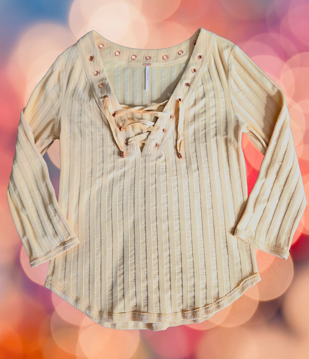 Free People Yellow Ribbed Knit Lace-Up V-Neck Ice Cold Long Sleeve Top Size L