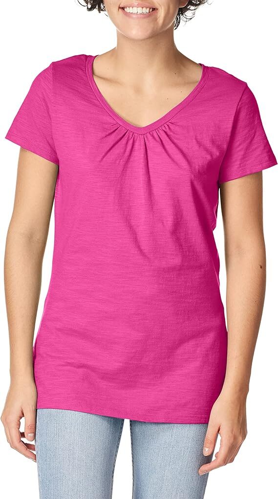 Hanes Shirred V-Neck Shirt Tee Women’s Slub Jersey Light Cotton soft Pre Shrunk