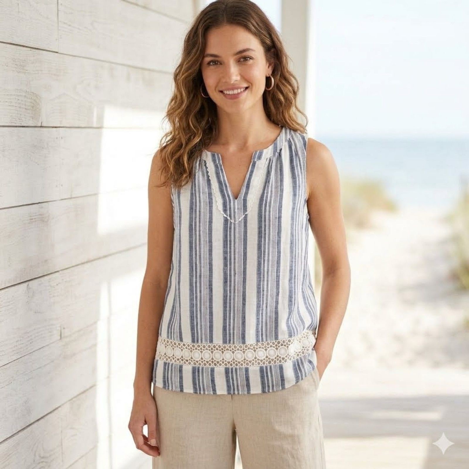 Crown Ivy Womens S Blue Stripe Linen Tank Top Sleeveless Lace Coastal Boho