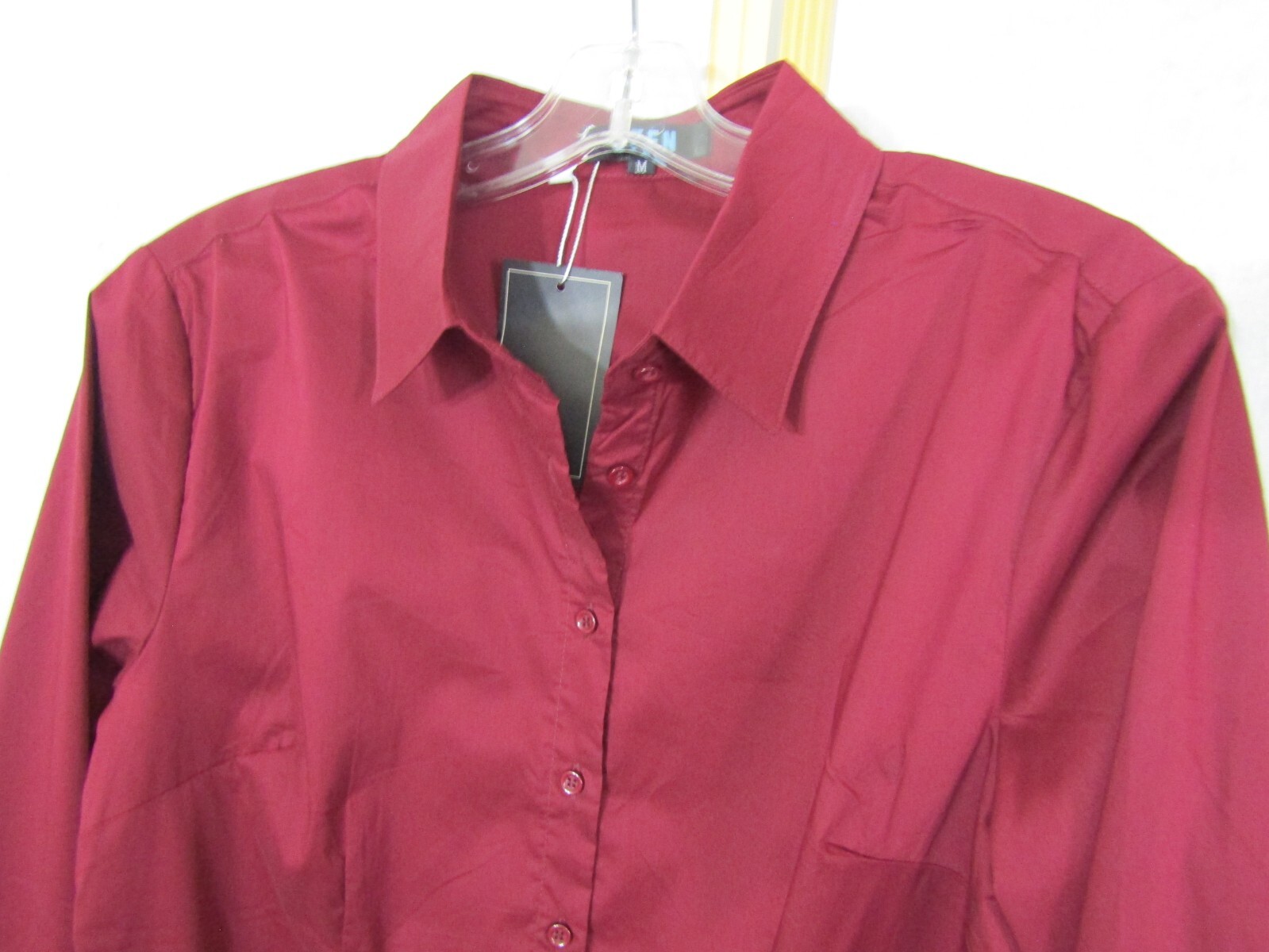 NWT EZEN Deep Wine Long Sleeve Collar Button Front Fitted Shirt Women’s M