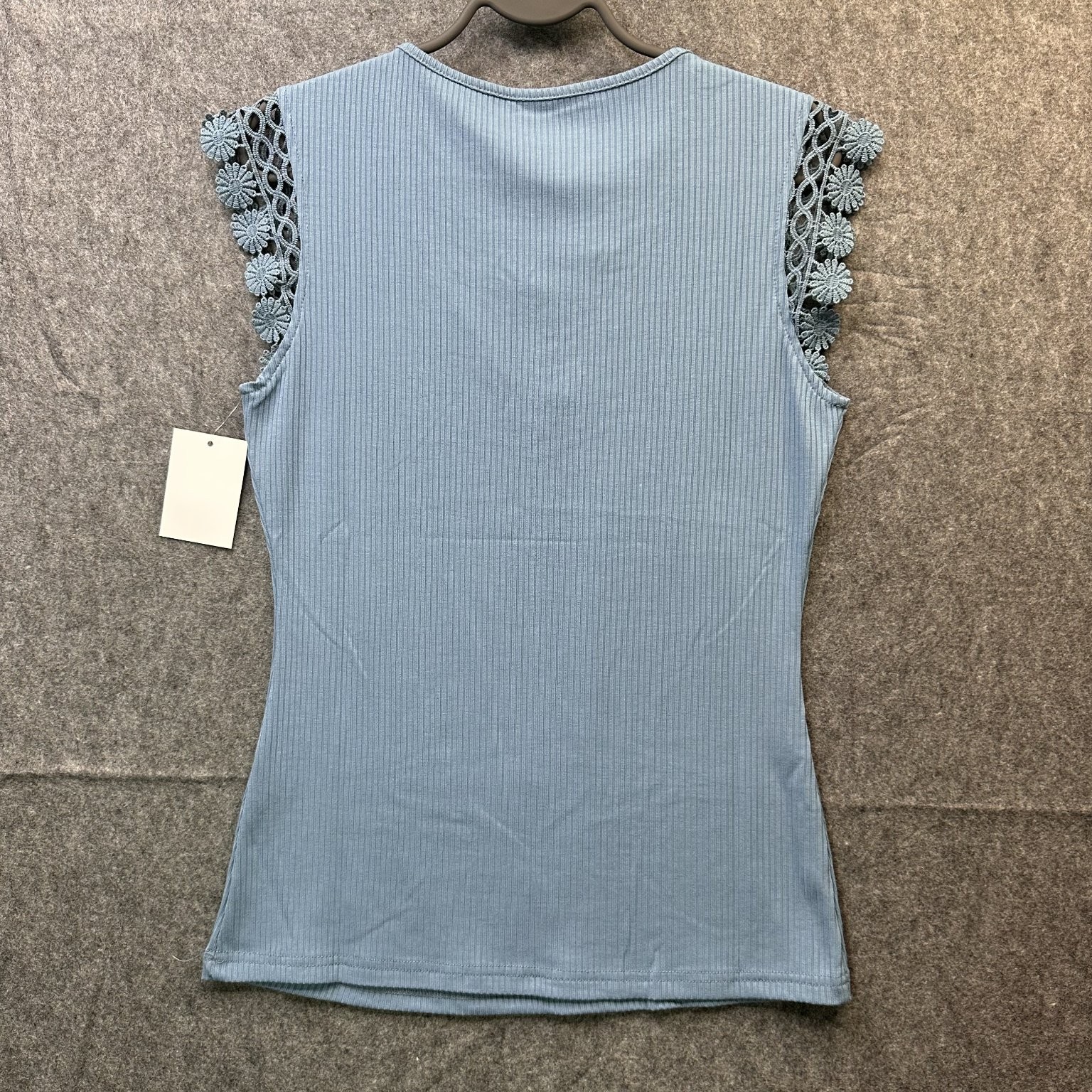 Women’s Light Blue Ribbed Top with Floral Lace Sleeves Size S