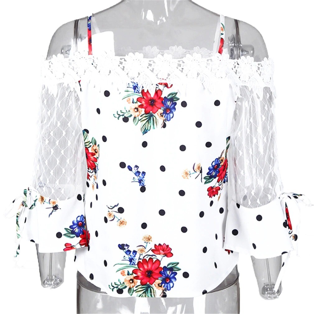 Blusas Elegantes Fina De Moda Transparente Casuales Estampada De Encaje De Mujer
