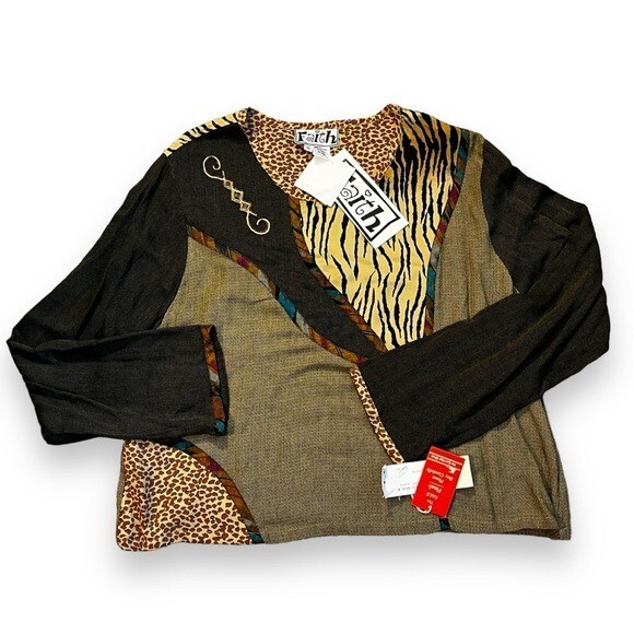 NEW Faith Mixed print Top Size XL Jungle Goddess Patchwork Art to Wear Boho 90s