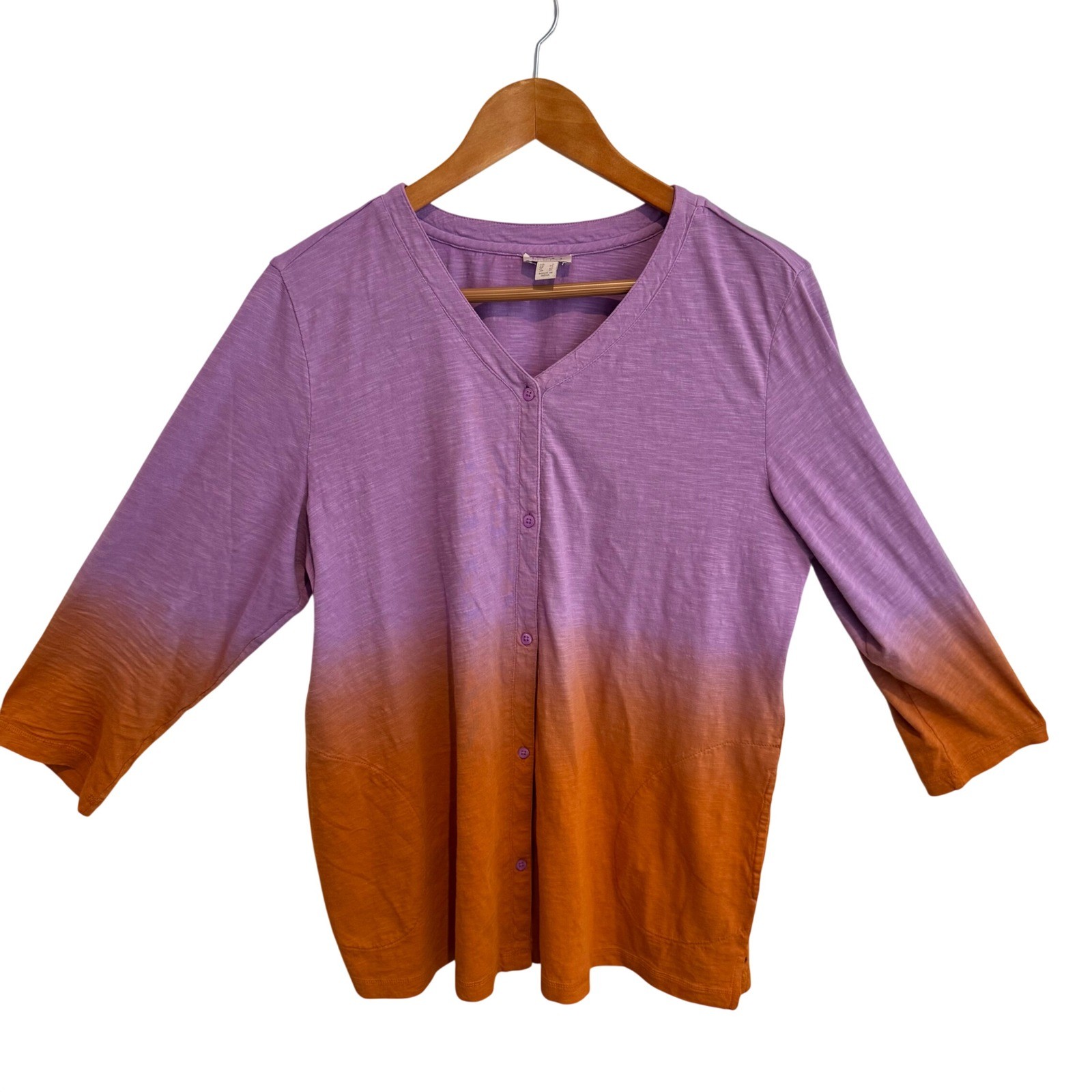 LOGO Lori Goldstein Slub Knit Cotton Ombre Dip Dye Cardigan Top Size L Artsy